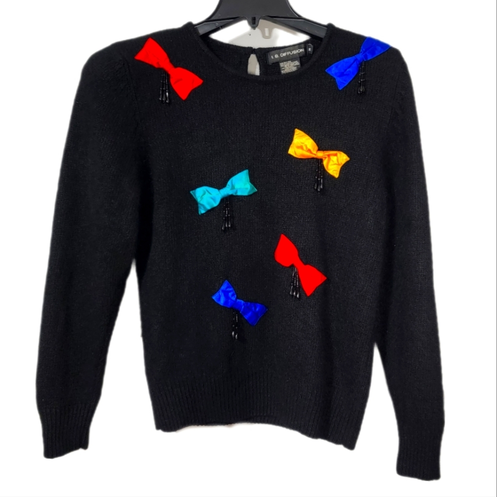 Black Vintage Bows & Bead Tassels Sweater Size Medium